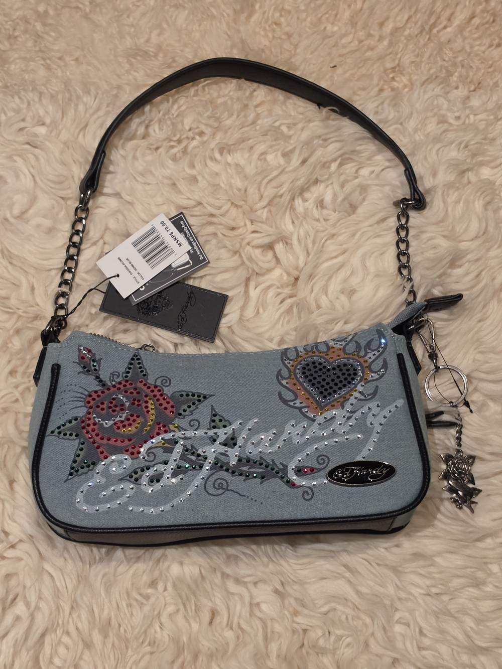Ed Hardy Light Blue Embellished Floral Heart Shoulder Bag